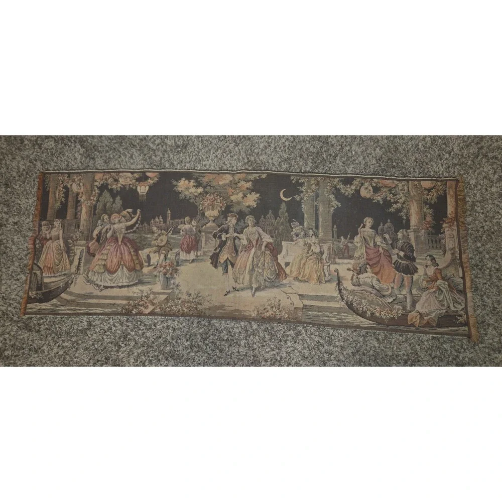 Vintage Belgian Jacquard Wall Tapestry Venetian Masquerade Scene 53x18